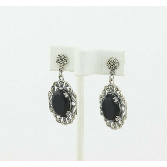 Vintage Sterling Silver Imitation Onyx and Marcasite Earrings Drop Earrings - Picture 5 of 7
